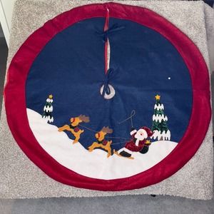 Santa Christmas Tree Skirt Reindeer Sleigh Velour Red Blue Holiday Home Decor